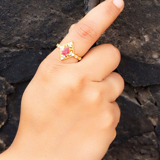 Red Garnet & Moissanite Ring 14k gold Plated Art Deco unique wedding Ring, promise Anniversary ring, Gift For Her