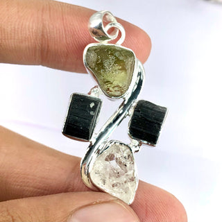 Moldavite Pendant, Black Tourmaline, Moldavite, Herkimer Diamond Pendant, Sterling Silver Pendant, Handmade Pendant, Natural Moldavite
