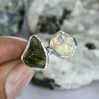 Czech Moldavite , Ethiopian opal Raw Natural Gemstone With Natural Garnet 925 Solid Sterling Silver Handmade Adjustable Ring