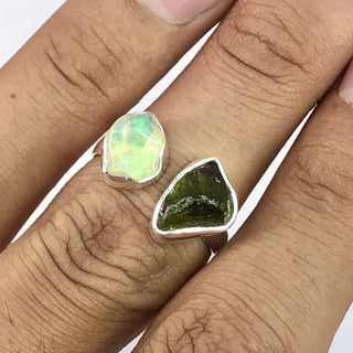 Czech Moldavite , Ethiopian opal Raw Natural Gemstone With Natural Garnet 925 Solid Sterling Silver Handmade Adjustable Ring