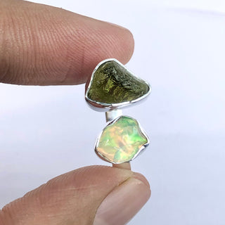 Czech Moldavite , Ethiopian opal Raw Natural Gemstone With Natural Garnet 925 Solid Sterling Silver Handmade Adjustable Ring