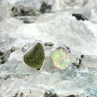 Czech Moldavite , Ethiopian opal Raw Natural Gemstone With Natural Garnet 925 Solid Sterling Silver Handmade Adjustable Ring