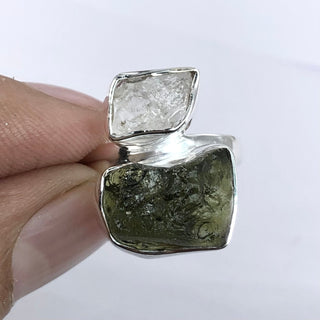 Authentic Czech Republic Moldavite Rough and Herkimer Diamond  Gemstone 925 Solid Sterling Silver Handmade Ring Jewelry