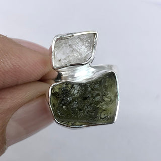 Authentic Czech Republic Moldavite Rough and Herkimer Diamond  Gemstone 925 Solid Sterling Silver Handmade Ring Jewelry