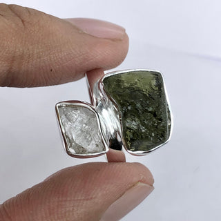 Authentic Czech Republic Moldavite Rough and Herkimer Diamond  Gemstone 925 Solid Sterling Silver Handmade Ring Jewelry
