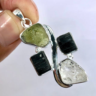Moldavite Pendant, Black Tourmaline, Moldavite, Herkimer Diamond Pendant, Sterling Silver Pendant, Handmade Pendant, Natural Moldavite