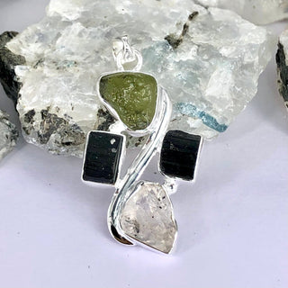 Moldavite Pendant, Black Tourmaline, Moldavite, Herkimer Diamond Pendant, Sterling Silver Pendant, Handmade Pendant, Natural Moldavite