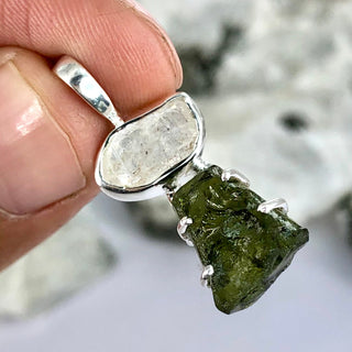 Genuine Moldavite Rough Herkimer Diamond Pendant Natural Gemstone From Czech Republic 925 Sterling Silver Handmade Designer Jewelry