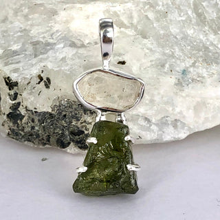 Genuine Moldavite Rough Herkimer Diamond Pendant Natural Gemstone From Czech Republic 925 Sterling Silver Handmade Designer Jewelry
