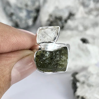 Authentic Czech Republic Moldavite Rough and Herkimer Diamond  Gemstone 925 Solid Sterling Silver Handmade Ring Jewelry