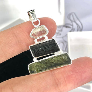 Moldavite Pendant, Black Tourmaline, Moldavite, Herkimer Diamond Pendant, Sterling Silver Pendant, Handmade Pendant, Natural Moldavite