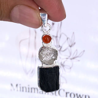 Black Tourmaline, Herkimer Diamond & Carnelian Natural Gemstone 925 Solid Sterling Silver Handmade Jewelry Pendant