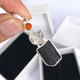 Black Tourmaline, Herkimer Diamond & Carnelian Natural Gemstone 925 Solid Sterling Silver Handmade Jewelry Pendant