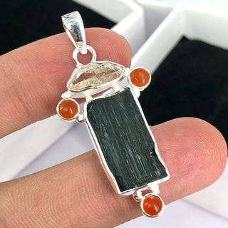 Black Tourmaline, Herkimer Diamond & Carnelian Natural Gemstone 925 Solid Sterling Silver Handmade Jewelry Pendant