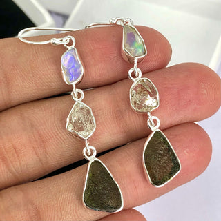 Natural Moldavite Rough & Herkimer Diamond, Opal  Earrings Gemstone From Czech Republic 925 Solid Sterling Silver Handmade Designer Jewelry