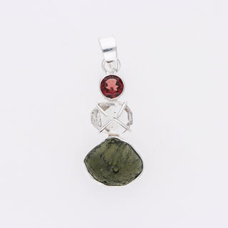 Czech Moldavite, Herkimer Diamond & Garnet Natural Gemstone 925 Solid Sterling Silver Handmade Jewelry Pendant
