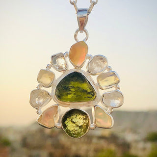 Moldavite Pendant, Czech Moldavite, Herkimer Diamond, Opal Pendant, Sterling Silver Pendant, Handmade Pendant, Natural Moldavite
