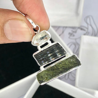 Moldavite Pendant, Black Tourmaline, Moldavite, Herkimer Diamond Pendant, Sterling Silver Pendant, Handmade Pendant, Natural Moldavite