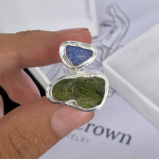 Authentic Czech Republic Moldavite Rough and Tanzanite Rough Gemstone 925 Solid Sterling Silver Handmade Ring Jewelry