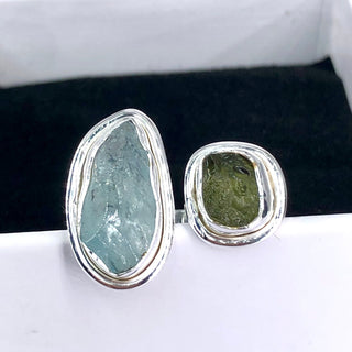 Authentic Czech Republic Moldavite Rough and Aquamarine Gemstone 925 Solid Sterling Silver Handmade Ring Jewelry