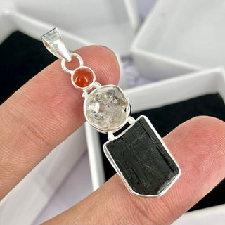 Black Tourmaline, Herkimer Diamond & Carnelian Natural Gemstone 925 Solid Sterling Silver Handmade Jewelry Pendant
