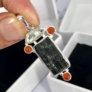 Black Tourmaline, Herkimer Diamond & Carnelian Natural Gemstone 925 Solid Sterling Silver Handmade Jewelry Pendant