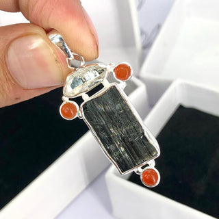 Black Tourmaline, Herkimer Diamond & Carnelian Natural Gemstone 925 Solid Sterling Silver Handmade Jewelry Pendant