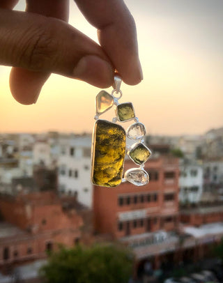 Moldavite Pendant, Czech Moldavite, Herkimer Diamond, Opal Pendant, Sterling Silver Pendant, Handmade Pendant, Natural Moldavite
