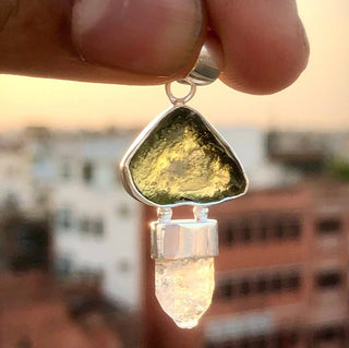 Moldavite herkimer pendant, genuine gemstone pendant, sterling silver handmade pendant, 100% genuine with certified gemstone