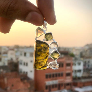 Moldavite Pendant, Czech Moldavite, Herkimer Diamond, Opal Pendant, Sterling Silver Pendant, Handmade Pendant, Natural Moldavite