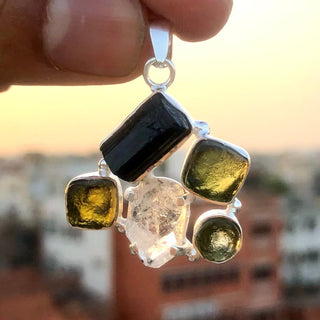 Moldavite Pendant, Black Tourmaline, Moldavite, Herkimer Diamond Pendant, Sterling Silver Pendant, Handmade Pendant, Natural Moldavite