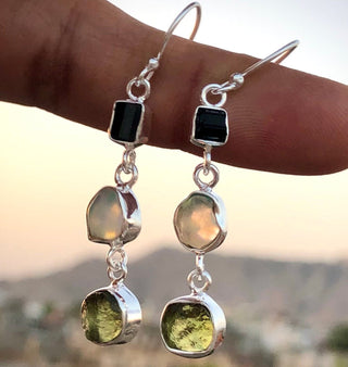 Natural Moldavite Rough & Black Tourmaline, Opal Earrings Gemstone From Czech Republic 925 Solid Sterling Silver Handmade Designer Jewelry