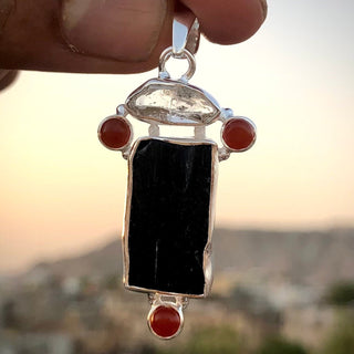 Black Tourmaline, Herkimer Diamond & Carnelian Natural Gemstone 925 Solid Sterling Silver Handmade Jewelry Pendant