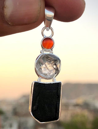 Black Tourmaline, Herkimer Diamond & Carnelian Natural Gemstone 925 Solid Sterling Silver Handmade Jewelry Pendant