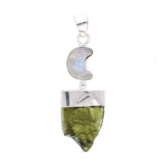 Moldavite Rough Pendant, Silver Handmade Pendant, Moon Shape Moonstone Jewelry, 100% Authentic With Certified Gemstone
