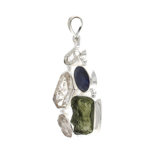 Moldavite, herkimer and Blue Sapphire pendant, genuine gemstone pendant, sterling silver handmade pendant, 100% genuine gemstone