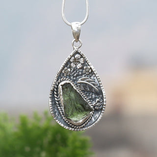 Genuine Moldavite Rough Pendant 100% Natural With Certified Gemstone From Czech Republic 925 Sterling Silver Handmade Designer Jewelry