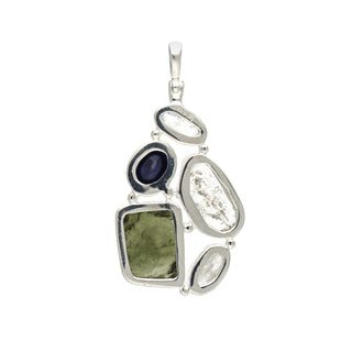 Moldavite, herkimer and Blue Sapphire pendant, genuine gemstone pendant, sterling silver handmade pendant, 100% genuine gemstone