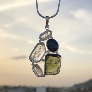 Moldavite, herkimer and Blue Sapphire pendant, genuine gemstone pendant, sterling silver handmade pendant, 100% genuine gemstone