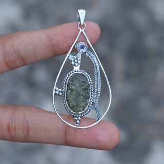 Moldavite Amethyst pendant, genuine gemstone pendant, sterling silver handmade pendant, 100% genuine with certified gemstone