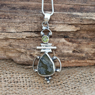 Moldavite Peridot pendant, genuine gemstone pendant, sterling silver handmade pendant, 100% genuine with certified gemstone