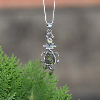 Moldavite Peridot pendant, genuine gemstone pendant, sterling silver handmade pendant, 100% genuine with certified gemstone