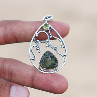 Moldavite Peridot pendant, genuine gemstone pendant, sterling silver handmade pendant, 100% genuine with certified gemstone