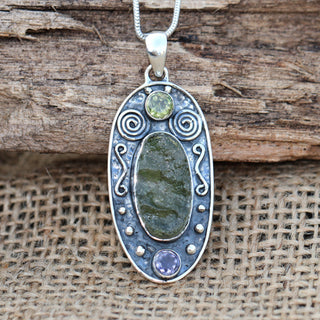 Moldavite Peridot Amethyst pendant, genuine gemstone pendant, sterling silver handmade pendant, 100% genuine with certified gemstone