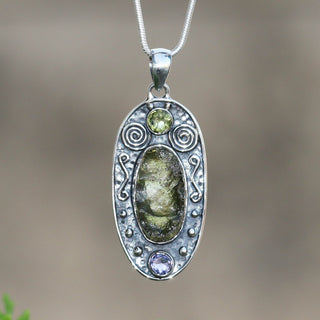 Moldavite Peridot Amethyst pendant, genuine gemstone pendant, sterling silver handmade pendant, 100% genuine with certified gemstone
