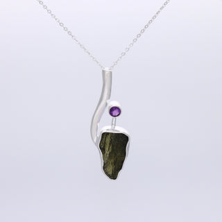 Genuine Moldavite Rough With Amethyst Pendant 100% Natural With Certified Gemstone From Czech Republic 925 Sterling Silver Handmade Jewelry