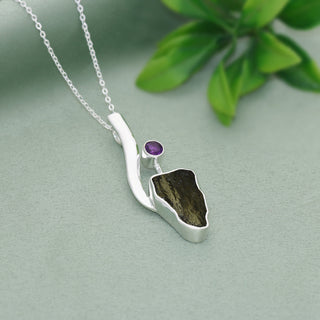 Genuine Moldavite Rough With Amethyst Pendant 100% Natural With Certified Gemstone From Czech Republic 925 Sterling Silver Handmade Jewelry
