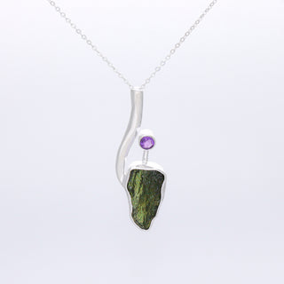 Genuine Moldavite Rough With Amethyst Pendant 100% Natural With Certified Gemstone From Czech Republic 925 Sterling Silver Handmade Jewelry
