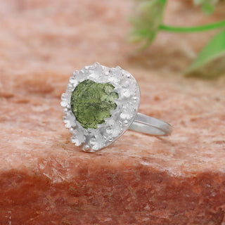 Authentic Czech Republic Moldavite Rough Heart Shaped Gemstone 925 Solid Sterling Silver Handmade Ring Jewelry