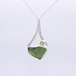 Genuine Moldavite Rough With Peridot Pendant 100% Natural With Certified Gemstone From Czech Republic 925 Sterling Silver Handmade Jewelry